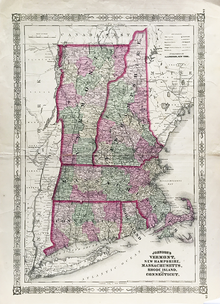 Massachusetts And New Hampshire Map Vermont, New Hampshire, Massachusetts, Connecticut State Map (1864)