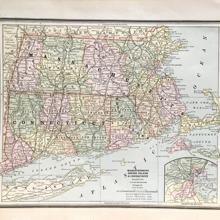 Massachusetts, Connecticut, and Rhode Island State Map (1886)